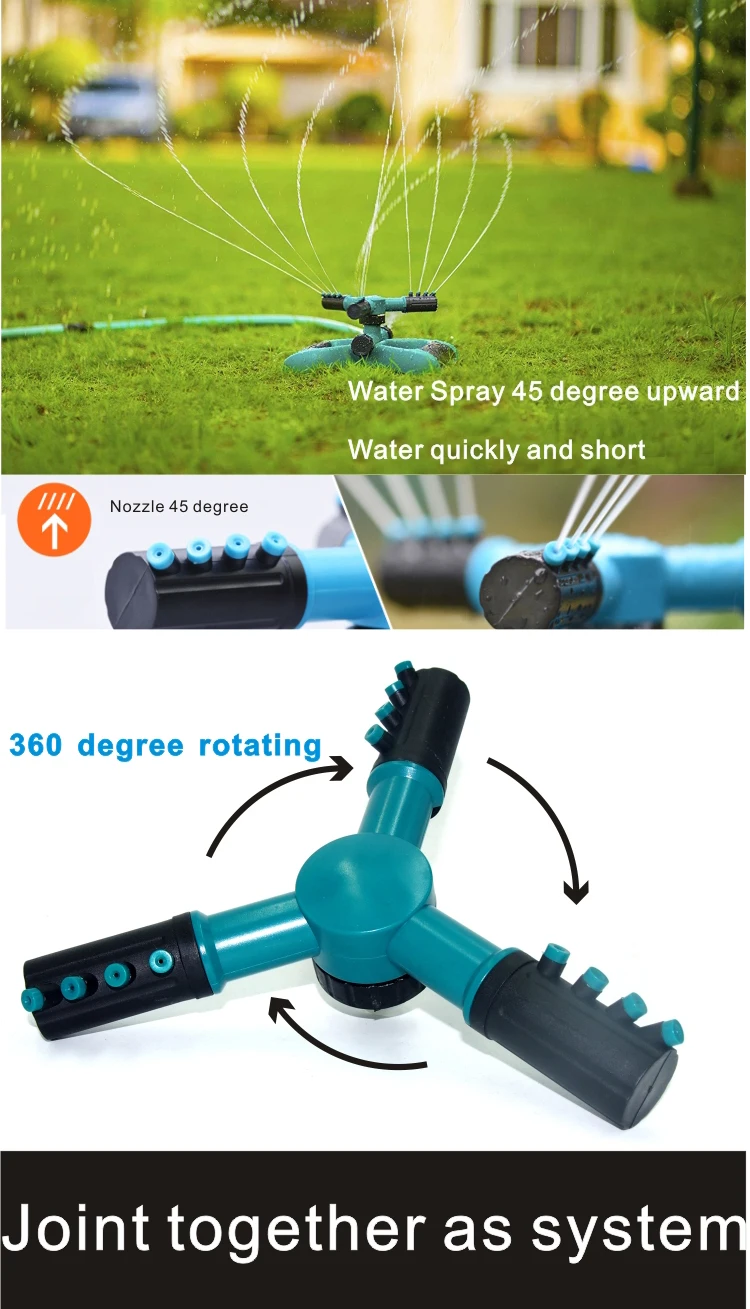 Plastic 3 arm water spray sprinkler for lawn