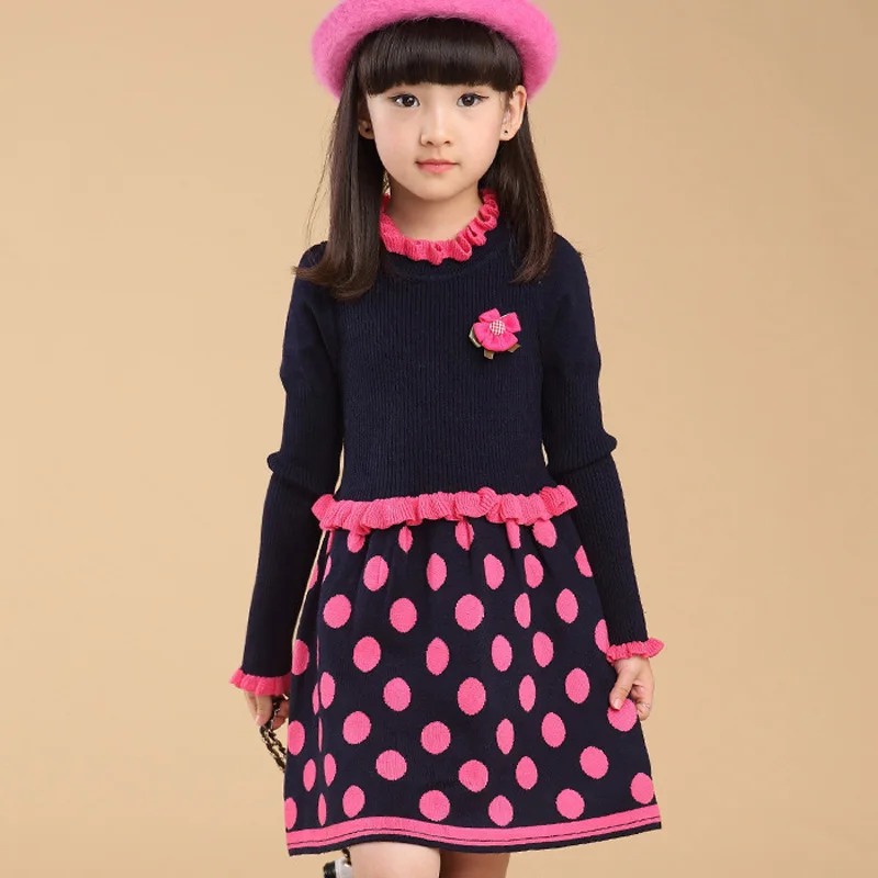 Chinese font b Dresses b font Teenagers Baby Girl Winter Polka Dot Knitting font b Dress