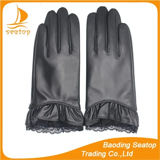 2016 Lady black genuine sheepskin touch-screen gloves with lace cuff