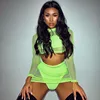 Spring Women Sexy Transparent Mesh two pcs set Fluorescent Color Navel Bare Cropped Tops Tees Slim Female Tee Shirts+skirt