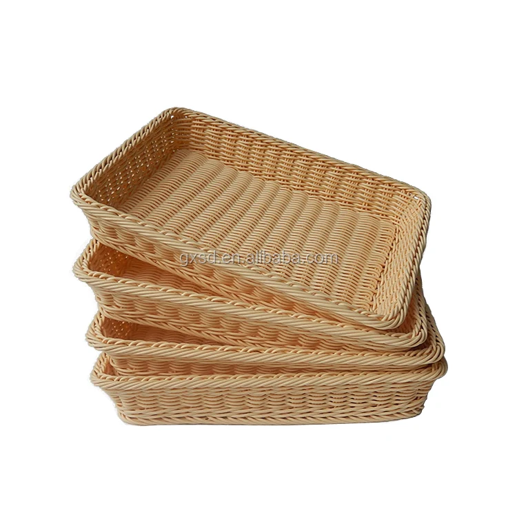 Rectangular Shape Handwaved Plastic Rattan Basket For Food Restaurant