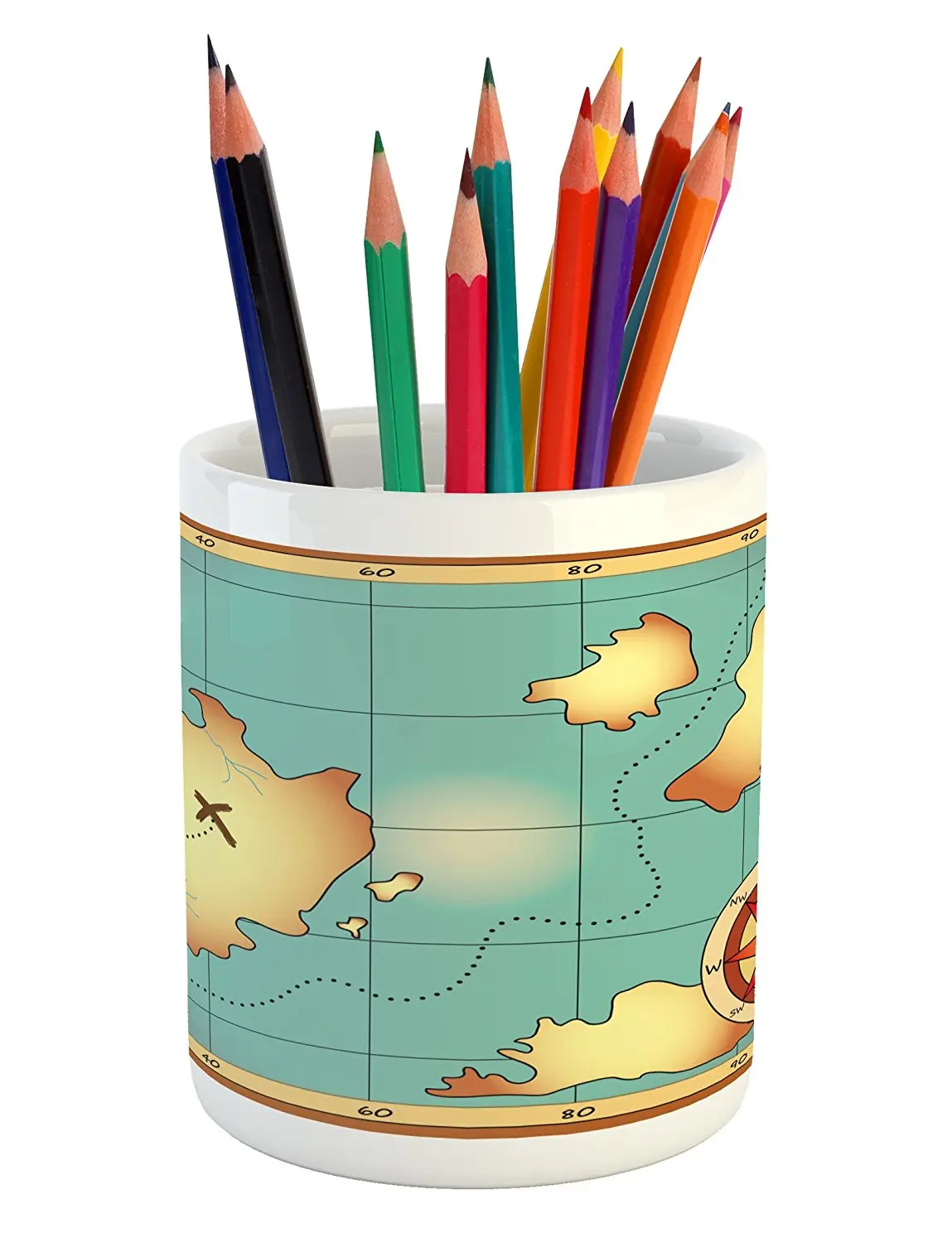 Island Map Pencil Pen Holder by Ambesonne, Ancient Treasure World Map Design with Compass Navigation Adventure Hidden Land, Printed Ceramic Pencil Pen Holder for Desk Office Accessory, Cream Blue