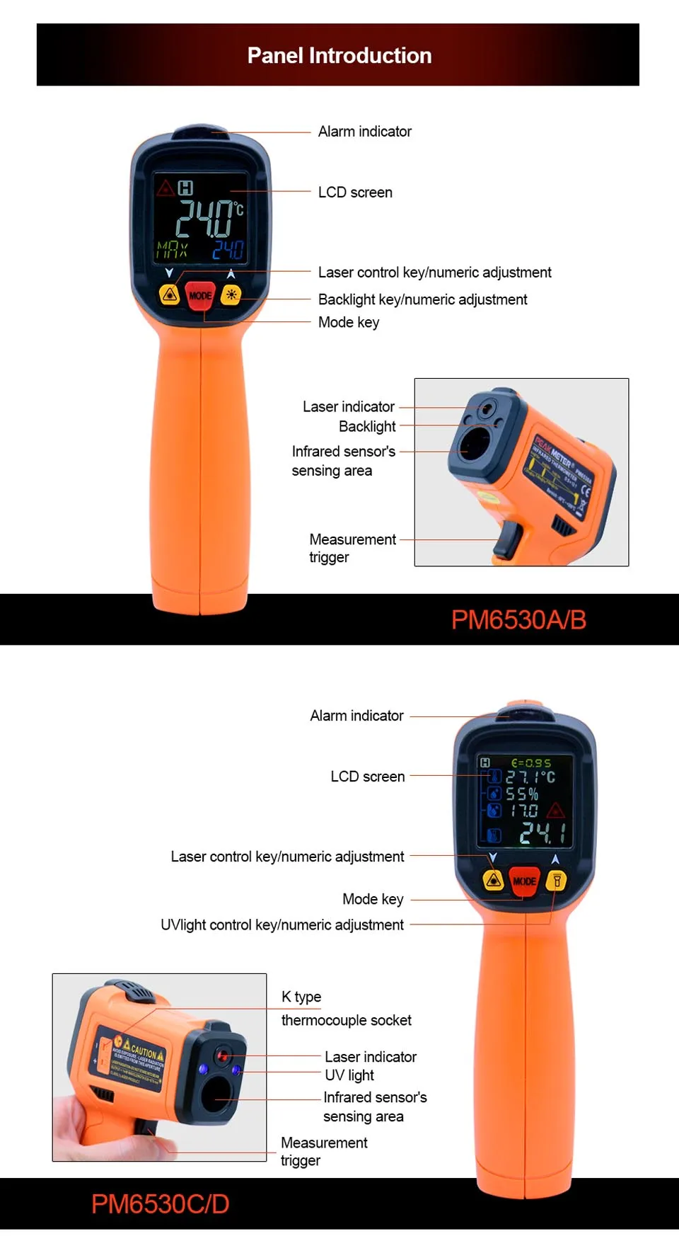 Peakmeter PM6530B + mejor calidad promocional Digital sin contacto por infrarrojos termómetro LCD Pantalla de mano de infrarrojos temperatura arma