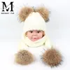 Winter Warm Acrylic Knitted Striped Caps Kids Real Fur Pom Pom Hat And Scarf Set Baby Boys Girls Double Fur Hat Kids