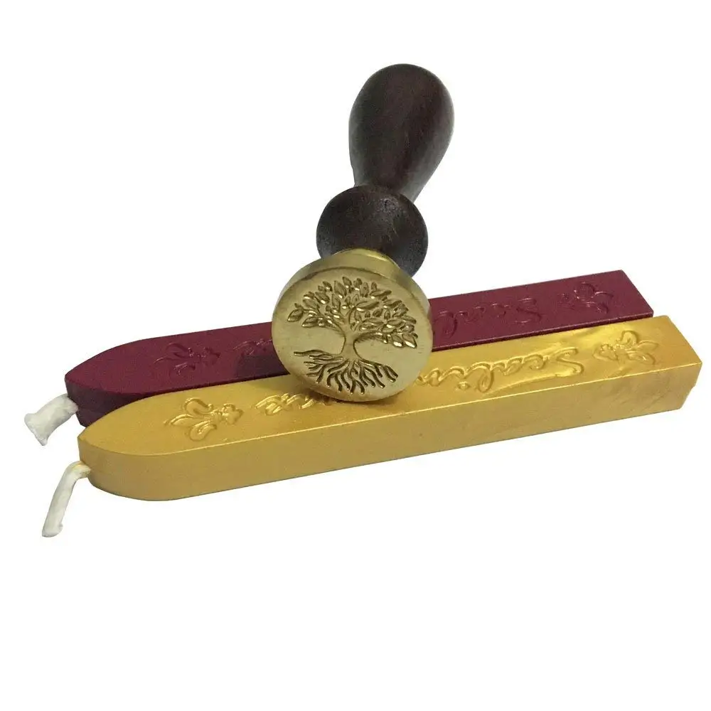 Tree Wax Seal Stamp with 2 Sealing Wax, Golden and Wine Red Wax