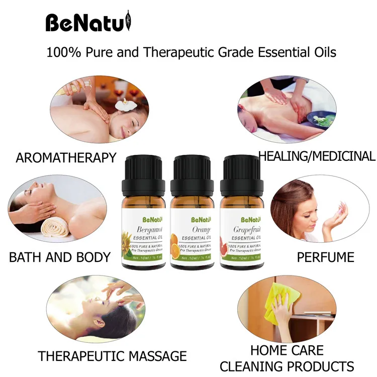 BeNatu Trio of Essential Oils, 100% Pure and Organic Lemon, Citrus, Bergamot, Air Fresh for Room,Massage for Skin & Hair