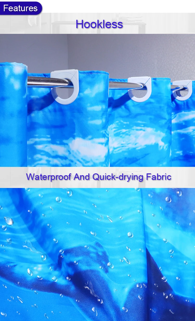 Panel Printed Ocean Style Fish Dolphin Printed Hookless Shower Curtain