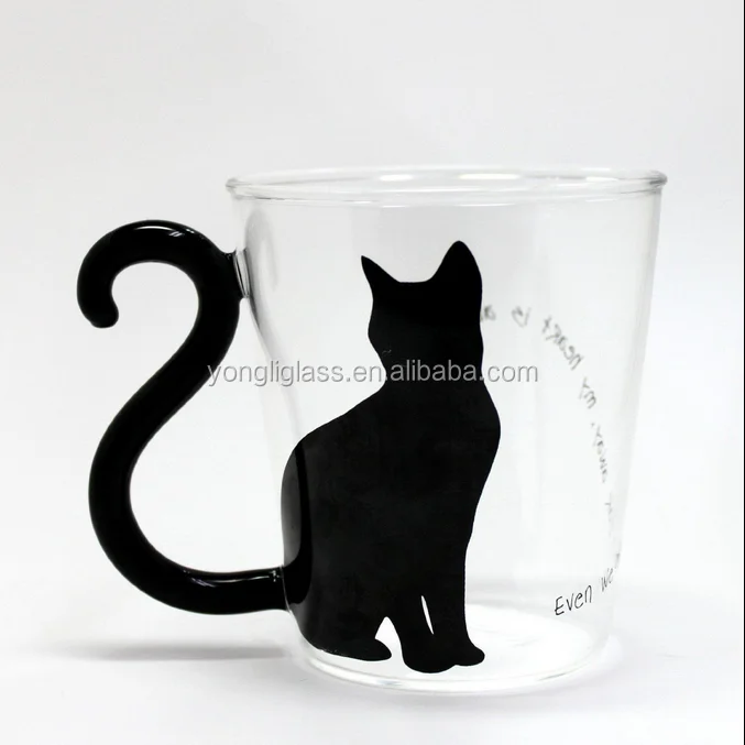 High borosilicate glass Lovely cat 300ml coffee glass, manual creative tea cup, gift set pyrex tea glass with black handle