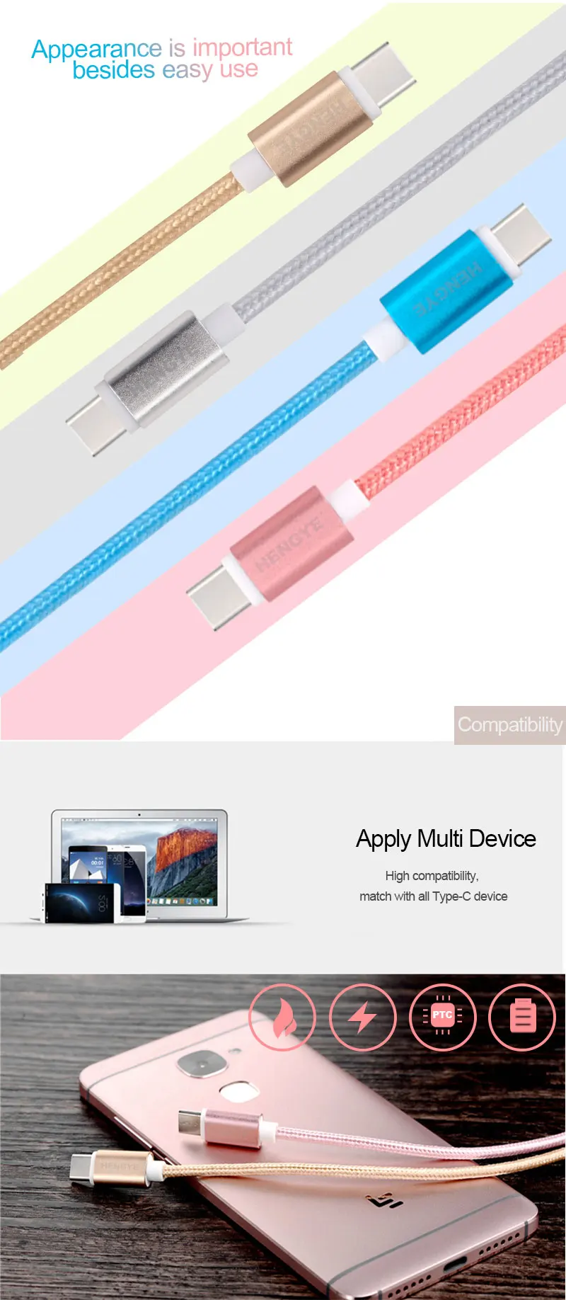 Hengye 1M 3FT Nylon Braided Cord 2A Metal Charger Data Sync Charging Usb Type C Cable 3.0