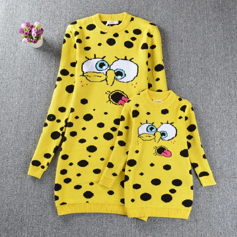 Mother and Daughter Clothes SpongeBob Sweaters Family Matching Outfits Sweaters for Mom and Kids Fashion Cardigan