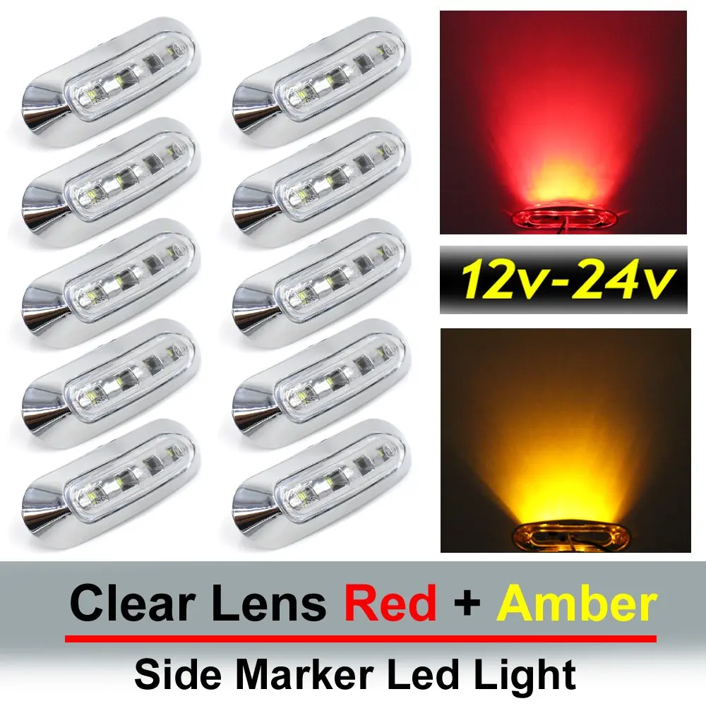10 pcs TMH 3.6" submersible 4 LED Clear Lens Red & Amber Side Led Marker ( 5 + 5 ) 10-30v DC , Truck Trailer marker lights, Marker light amber, Rear side marker light, Boat Cab RV