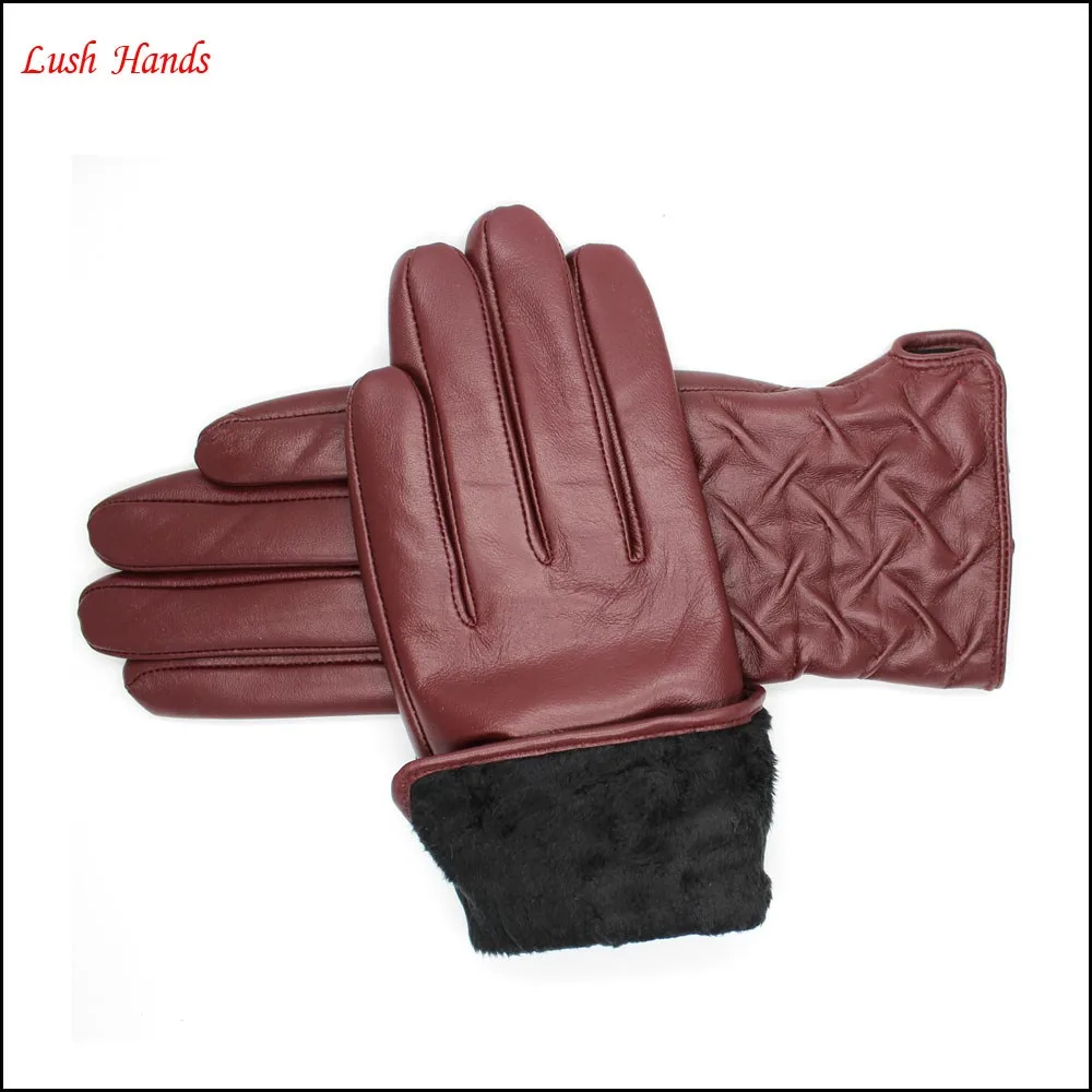 Women fashionable style leather gloves with cuff Embroidery details