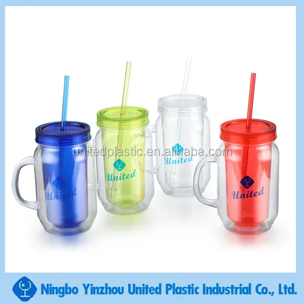 16oz Double Wall Plastic Mason Jar With Side Handle,Ps Plastic Jar For