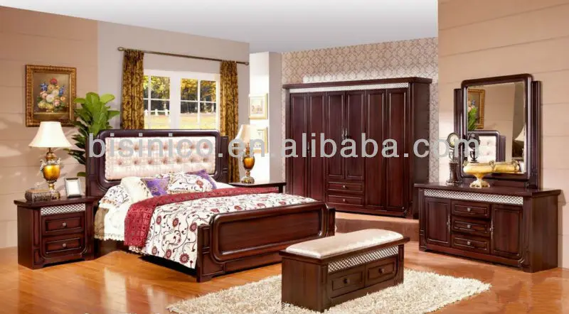Morden Wood Beds Bedroom Furniture Full Set Of Solid Neoclical Design Panel Bed W Back Cushion Carving