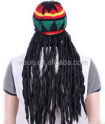 Fancy Dress Adults Knitted Rastafarian Jamaican Rasta Beanie Hat & Dreadlocks Hair 