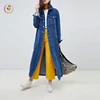 Fashion Functional Pockets Longline Denim Jacket Ladies Buttons Up Blue Jeans Jacket
