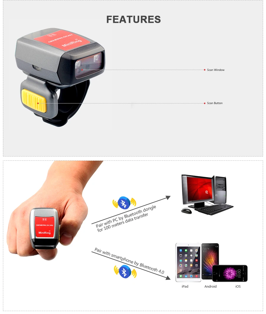 Wearable Wrist Barcode Scanner Bluetooth 4.0 Wireless Data Capture Pda