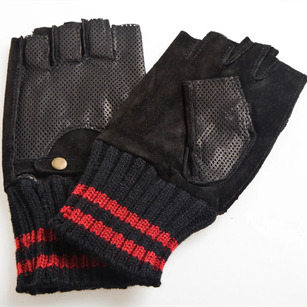 fingerless leather drivng gloves suede back leather palm leather glove knitted cuff