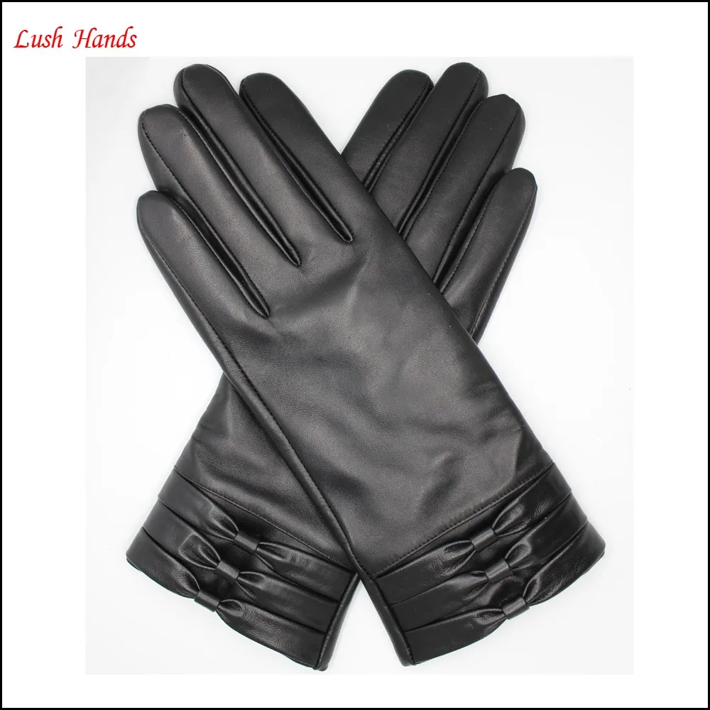 women leather gloves & mittens with bow and Palm elastic