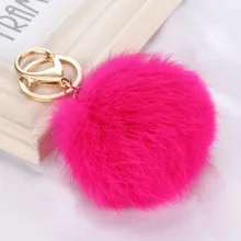 Pick 15 colors 8CM Genuine Leather Rabbit fur ball plush key chains car key rings Bag Pendant car key chain