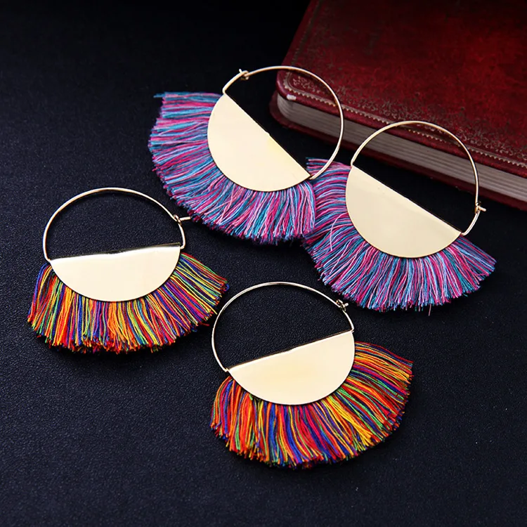 New Arrival Gold Plated Bohemian Handmade Fan Shape Thread Tassel Drop Hoop Earrings