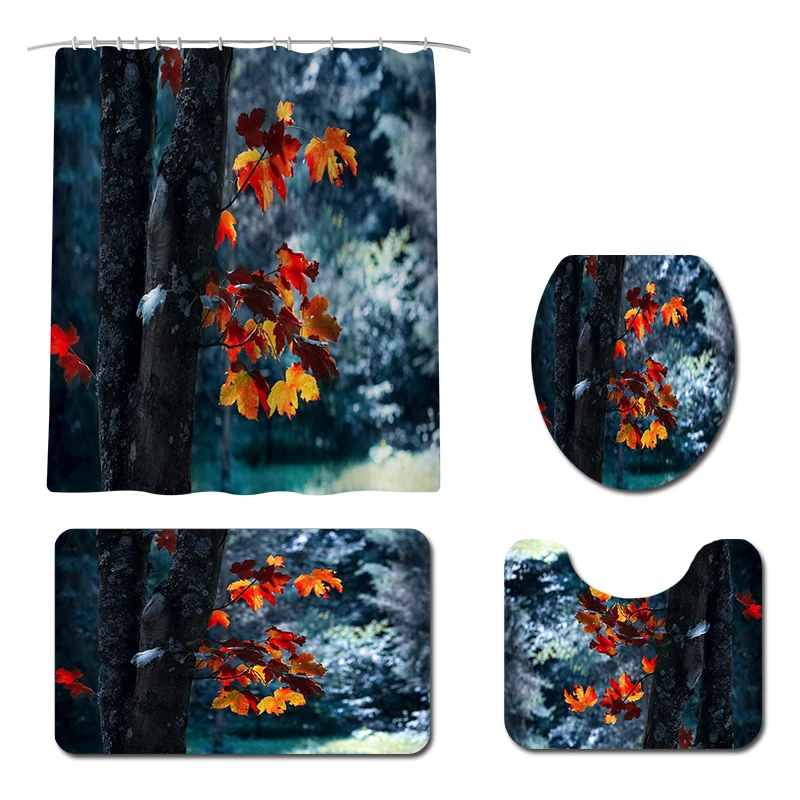 Maple leaf printed Toilet Pad Cover Bath Mat Shower Curtain Set for Bathroom Decoration
