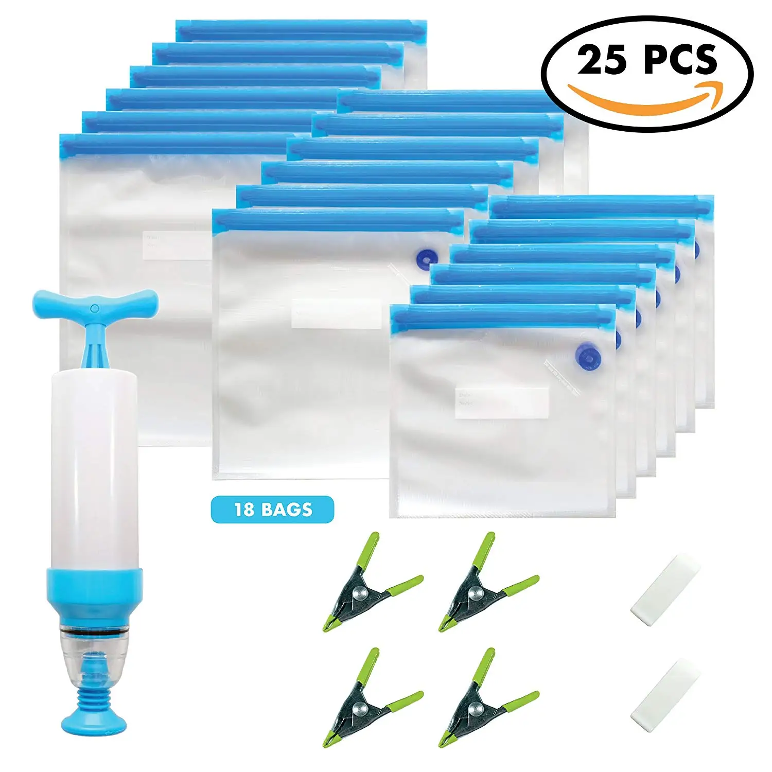 Sous Vide Bags Kit for Anova or Joule Cookers - 18 Reusable Food Vacuum Sealer Bags, 1 Hand Pump, 2 Bag Sealing Clips and 4 Sous Vide Clips - Practical for Food Storage and Cooking BPA Free