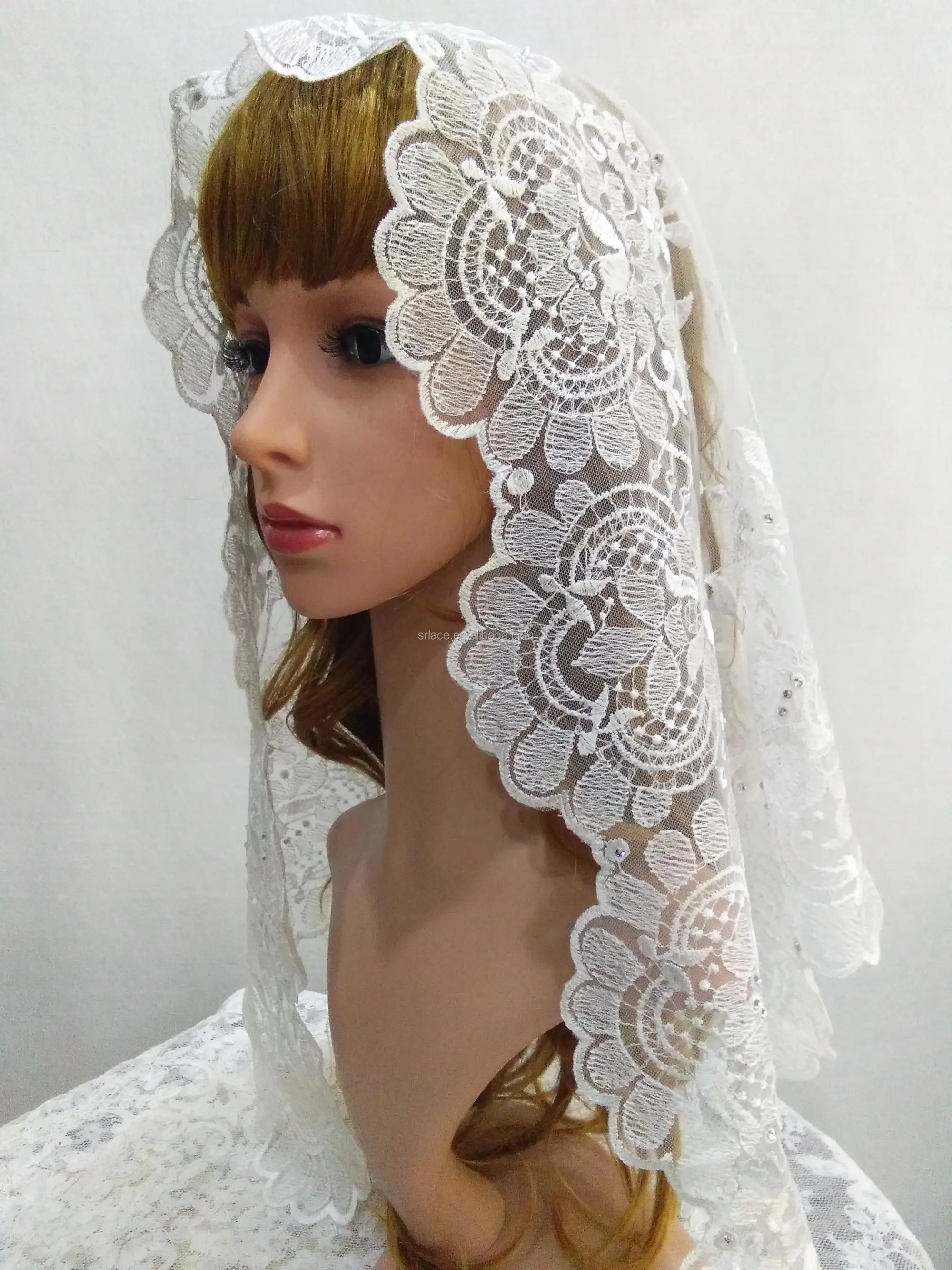 White Beading Wedding Lace Veil Catholic Embroidery Lace Veil Mantilla ...