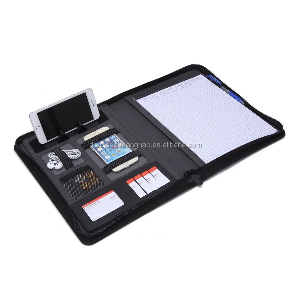 Wholesale High Quality Genuine Leather Folded Padfolio Custom Executive Zippered Promotional Business A4 PU Leather Portfolio