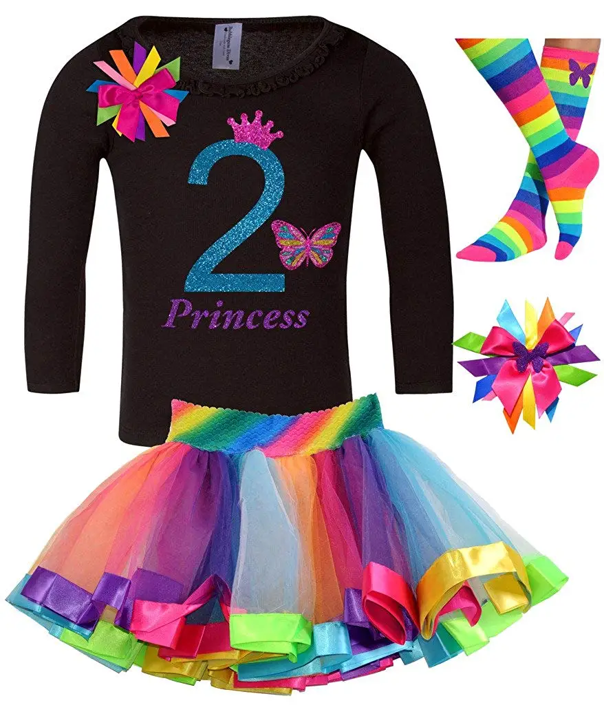 Bubblegum Divas Little Girls 2nd Birthday Shirt Rainbow Tutu Socks Hair Bow 4pcs Outfit