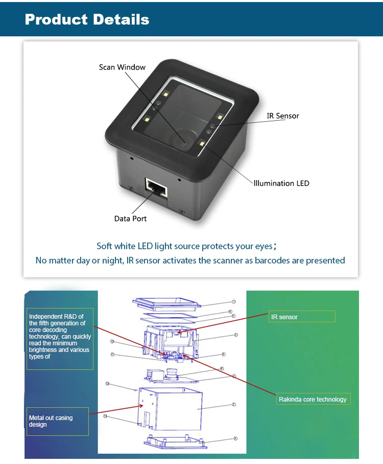 Rakinda Embedded Mini USB RS232 Door Lock Barcode Scanner Module for Turntile and Kiosk