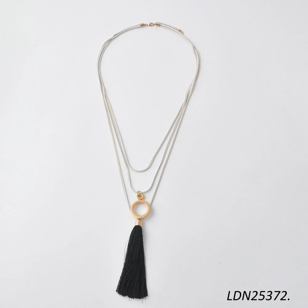 Fashion Multilayer Pendant Black Silk Thread Tassel Fringe Necklace Multistrand Long Necklace 