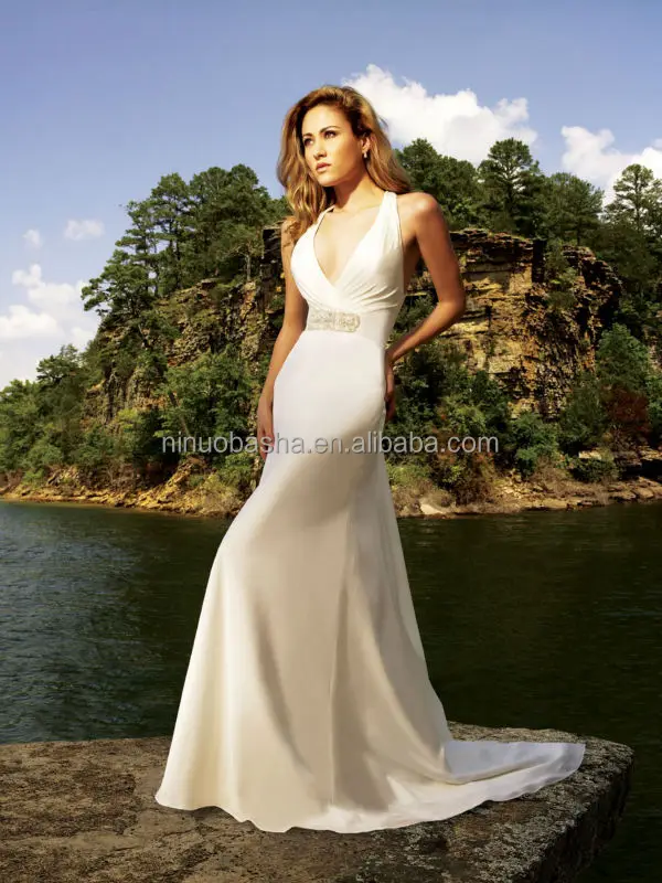 2014 Sexy Halter Neck Backless Organza A Line Beach Style Wedding