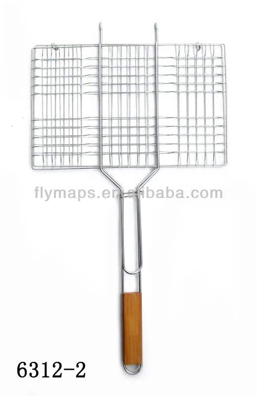Non Stick Steel Wire Bbq Sausage Turner Grill Basket With Wood Handle