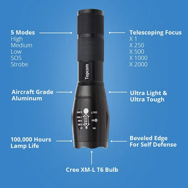 XM-L T6 LED Flashlight 1600LM Torch Adjustable Focus Zoom Light Lamp (Black)