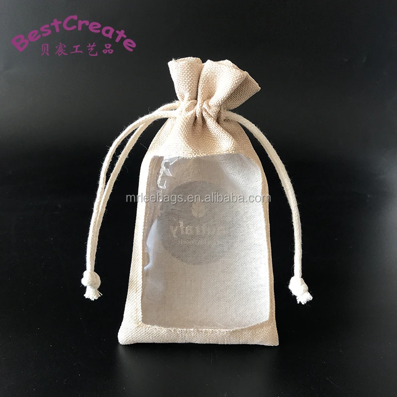 Custom Logo Jute Linen Drawstring Perfume Bottle Bags With Clear Pvc