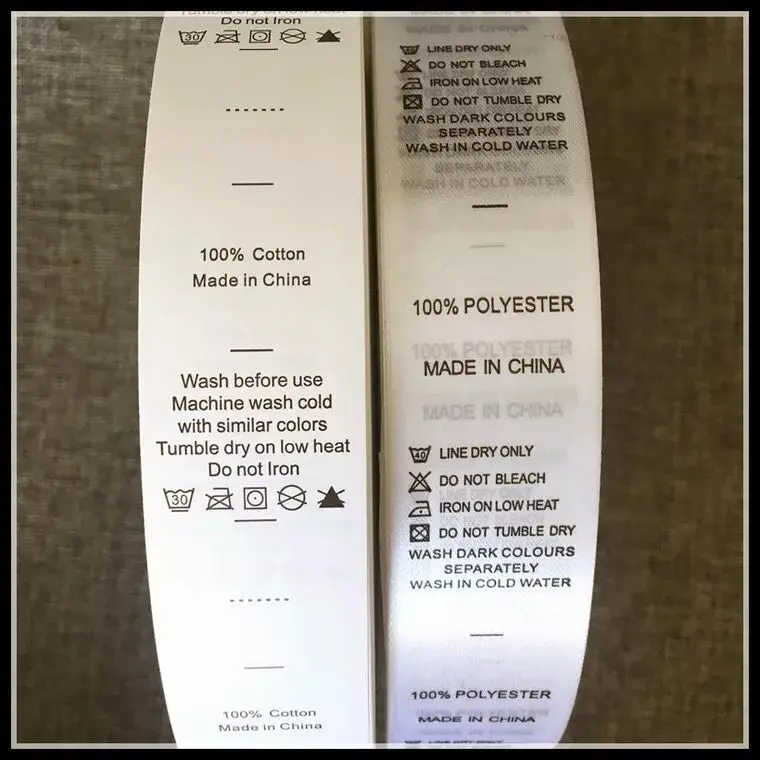 white satin wash care label with washing instruction for garment