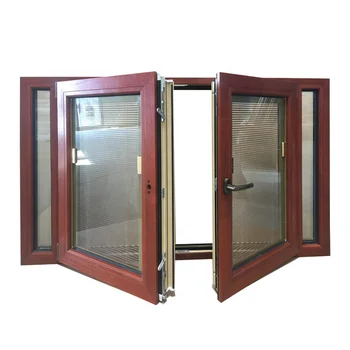 American oak wood clad aluminum france windows tilt turn window with built in shutter