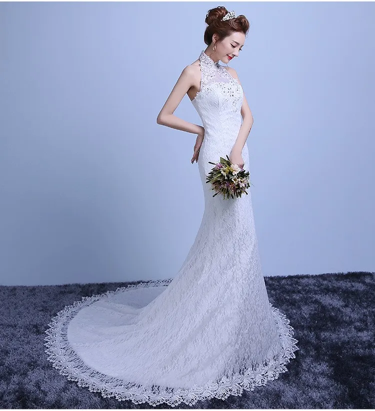 2016 Fashion Halter Lace Slimming Fish Tail Wedding Dress Mermaid 