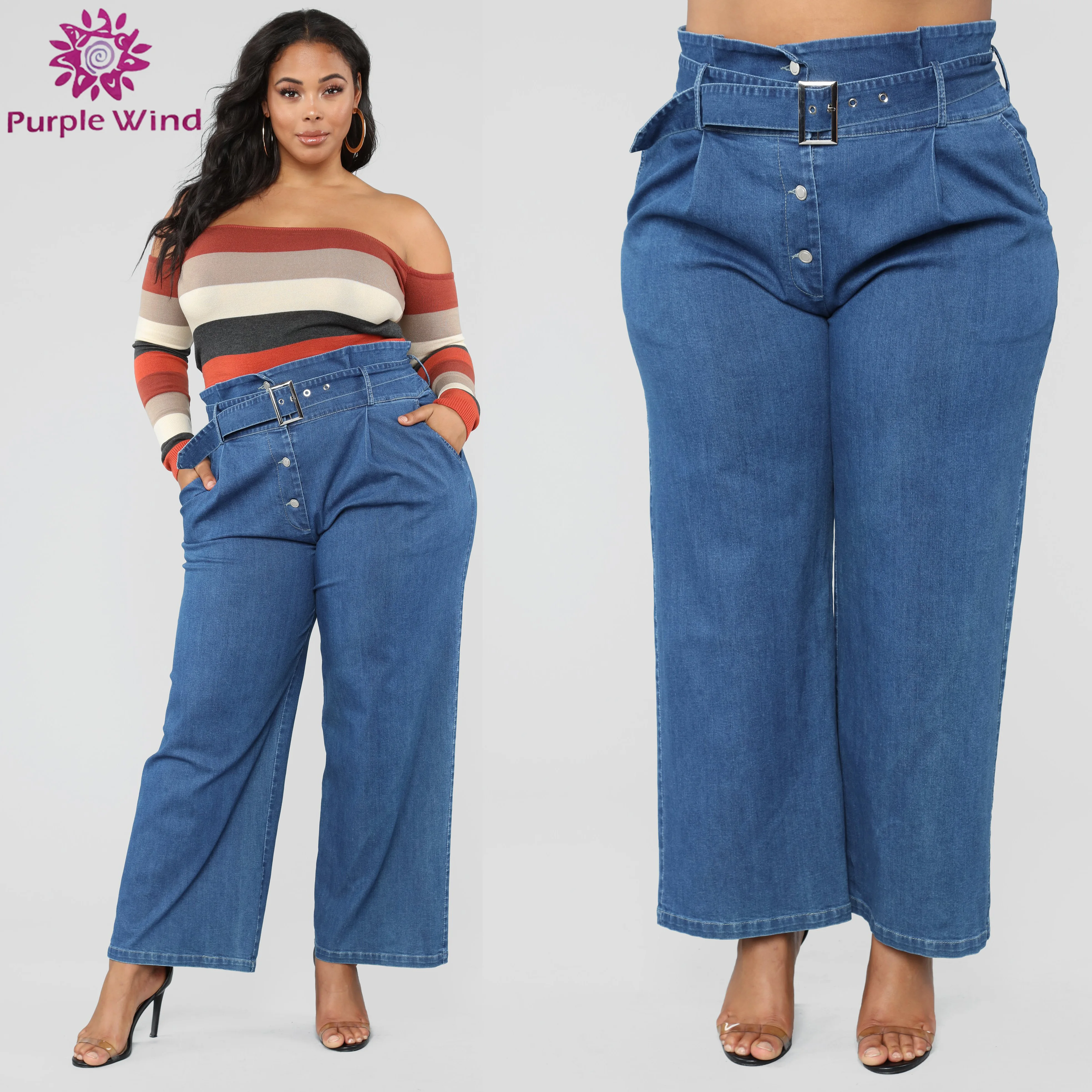 Casual Paperbag Waist With Belt Blue Denim European Style Wide Leg Jeans for Women