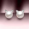 Newest Girls Gifts Silver Plated Cute Animal Cat Kitty Pearl Stud Earring