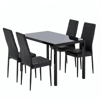 Dining Set Glass Top Table With Leather Chairs Kitchen Breakfast