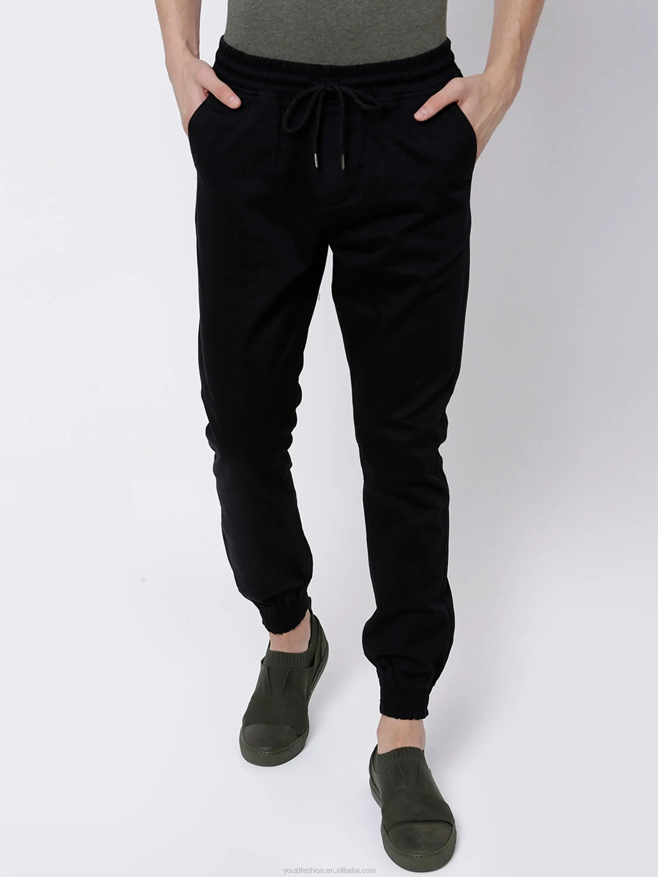 Men Trousers Black Slim Fit Solid Joggers Sportswear With Drawstring ...