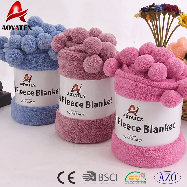 Coral Fleece Fashion Plain Spanish Blanket With Cute Pompom Buy Coral