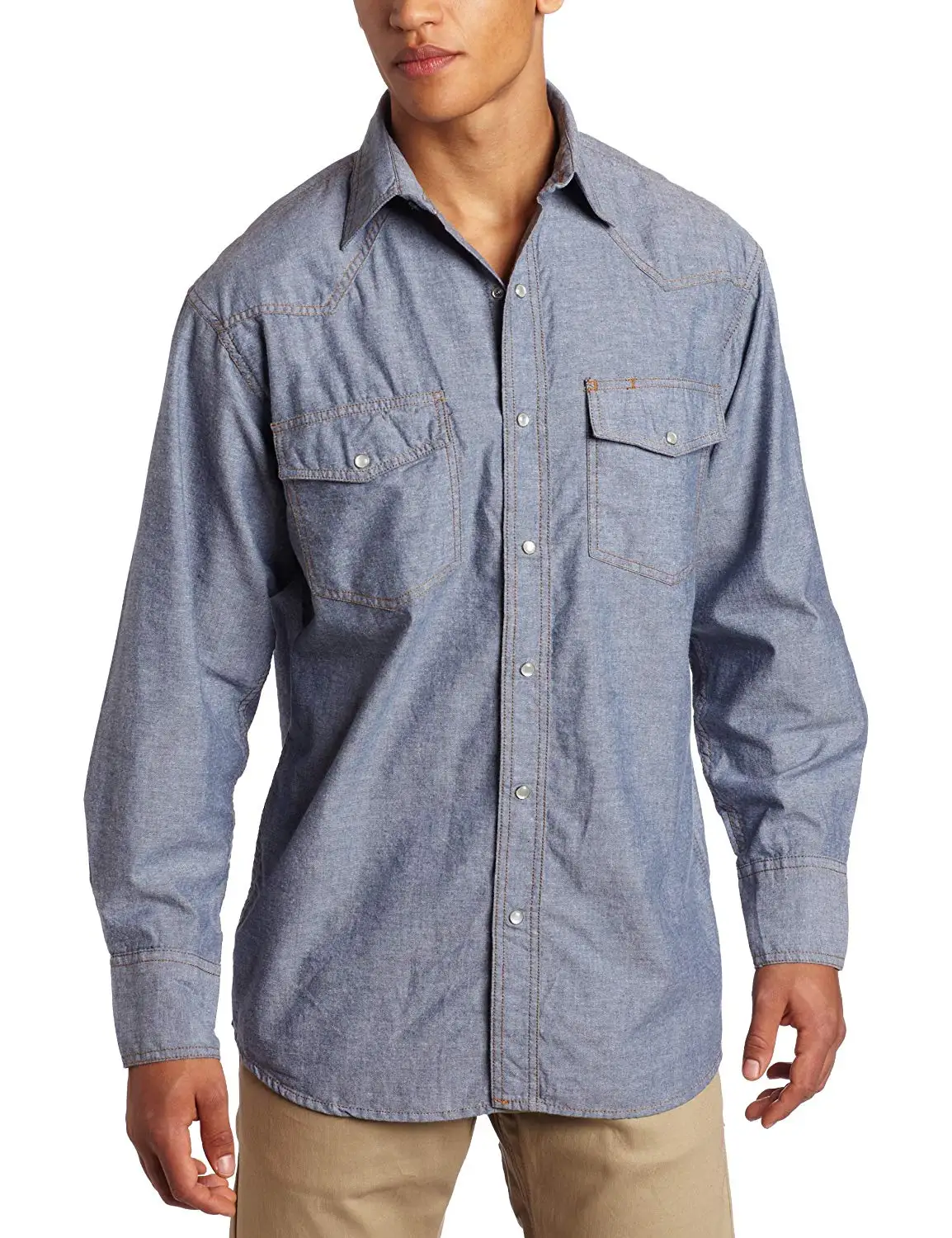 Key Apparel Mens Pre-Washed Blue Chambray Western Snap Short Sleeve Shirt