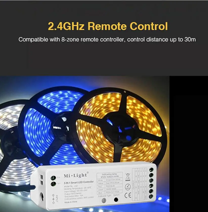 2.4G wireless control Mi.Light LS2 DC12V-24V 5 in 1 Smart LED Controller for Single Color CCT RGB RGBW RGB+CCT LED Strip light