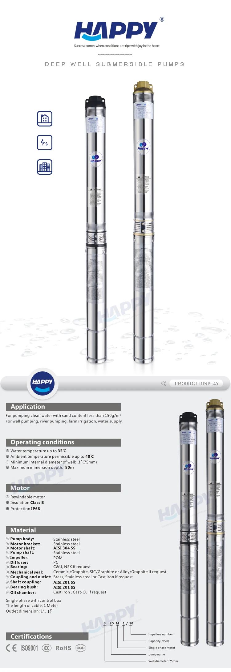 Chinese 220v Deep Well Submersible Pump Water Pomp For Agriculture