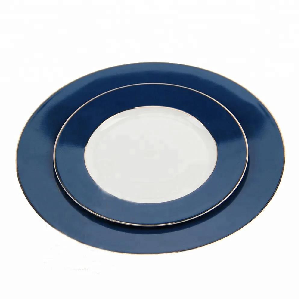 Hotel Blue Color Edge Dinner Plates 10inch Porcelain Flat Dish For