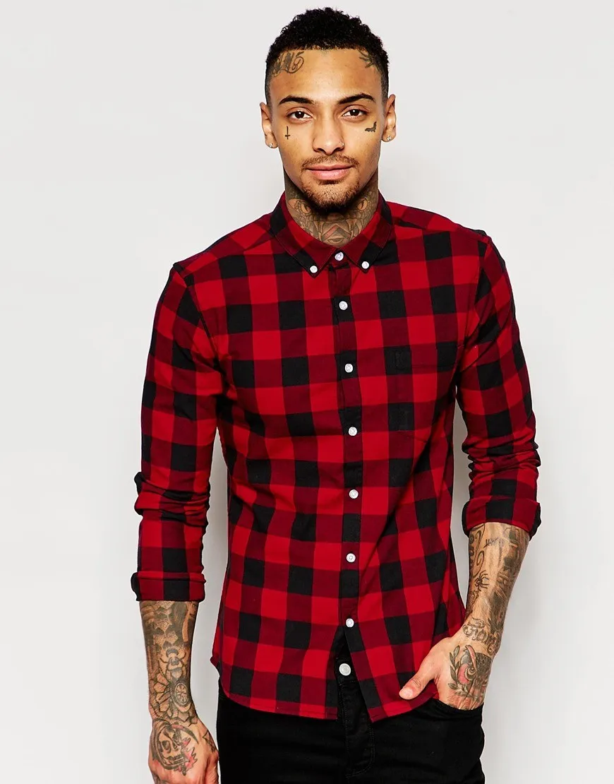 Men's Slim Fit Red/ Black Check Plaid Flannel Long Sleeve Casual Shirts