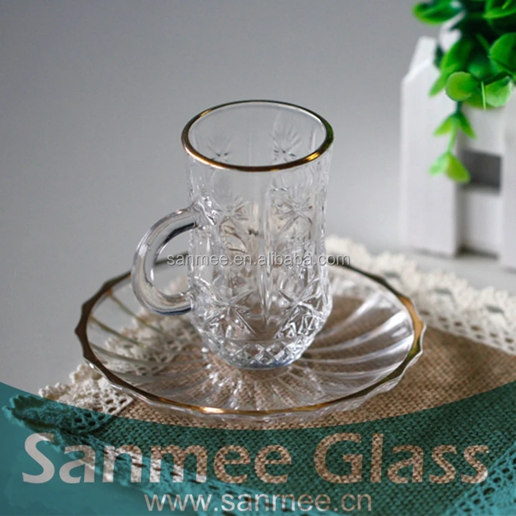 Embossed Handle Glass Tea Cup With Saucer For Middle East Market